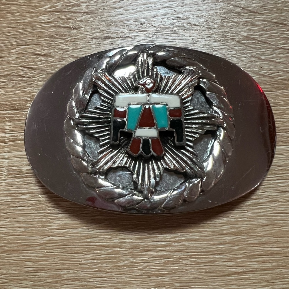Vintage Native American-style belt buckle featuring a Thunderbird